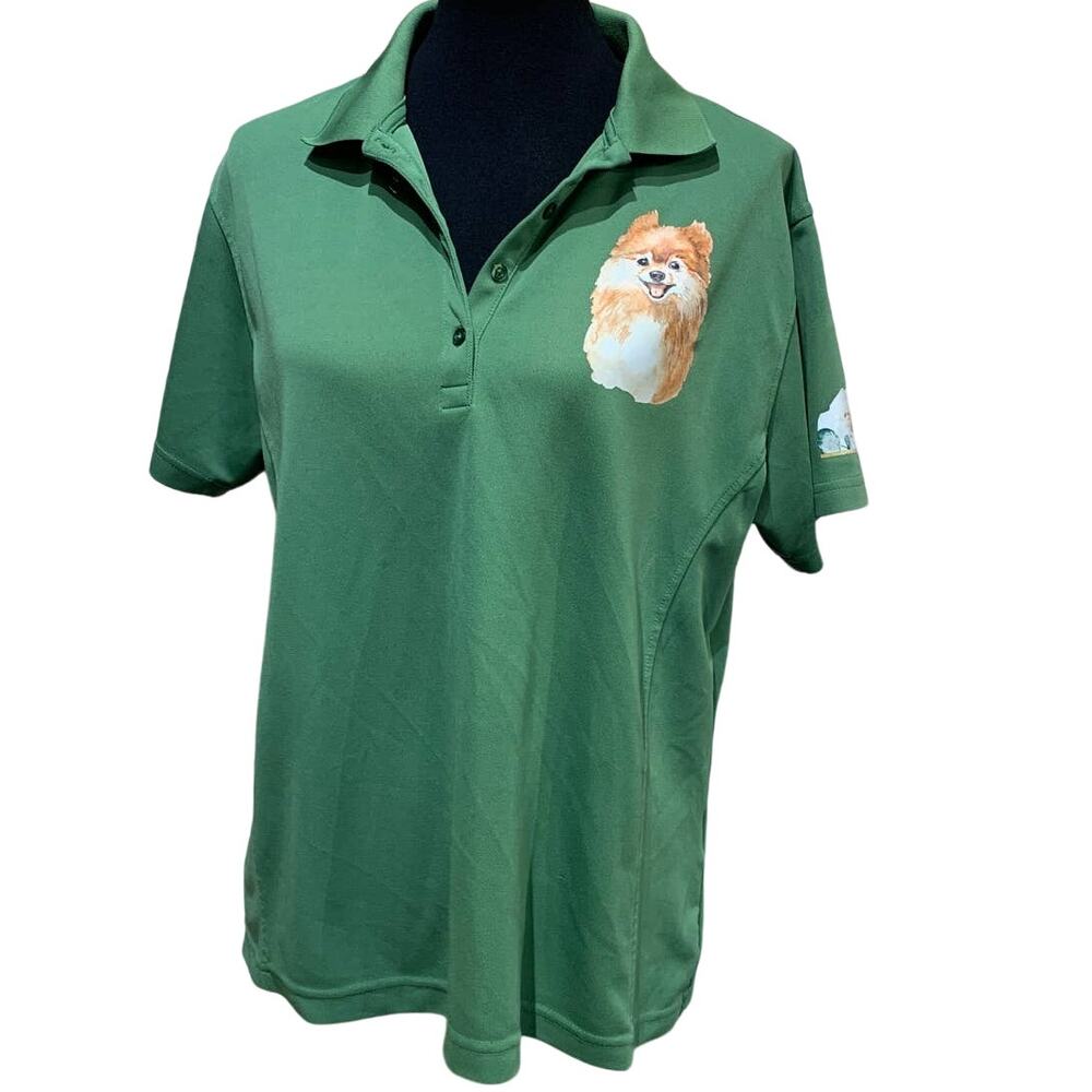Hand Printed Upcycled Womens Medium Pomeranian Puppy Dog Polyester Polo Shirt